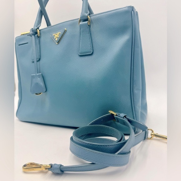 Auth Prada Double Zip Light Blue Saffiano Leather Lux Galleria Tote Bag Preloved - Picture 12 of 16